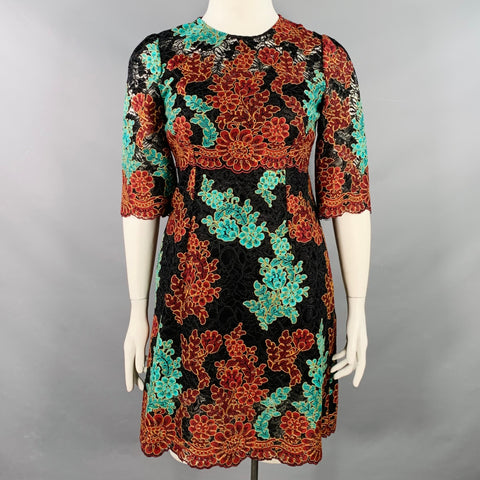 DOLCE & GABBANA Size 10 Black Green Brown Floral Lace 3/4 Sleeves Knee Length Dress