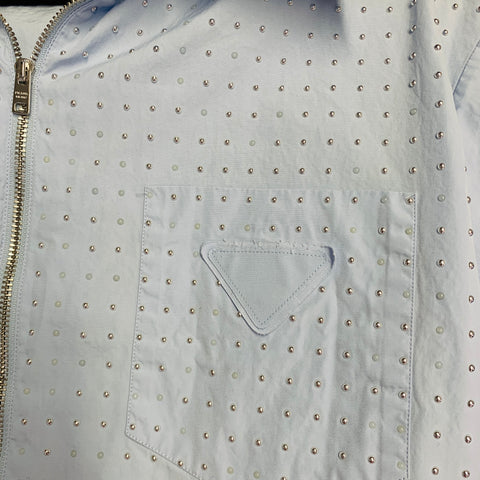 PRADA Taille M Blouson zippé en coton clouté bleu et argent