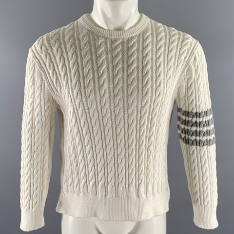 THOM BROWNE Size M White Grey Cotton Cable Knit Sweater