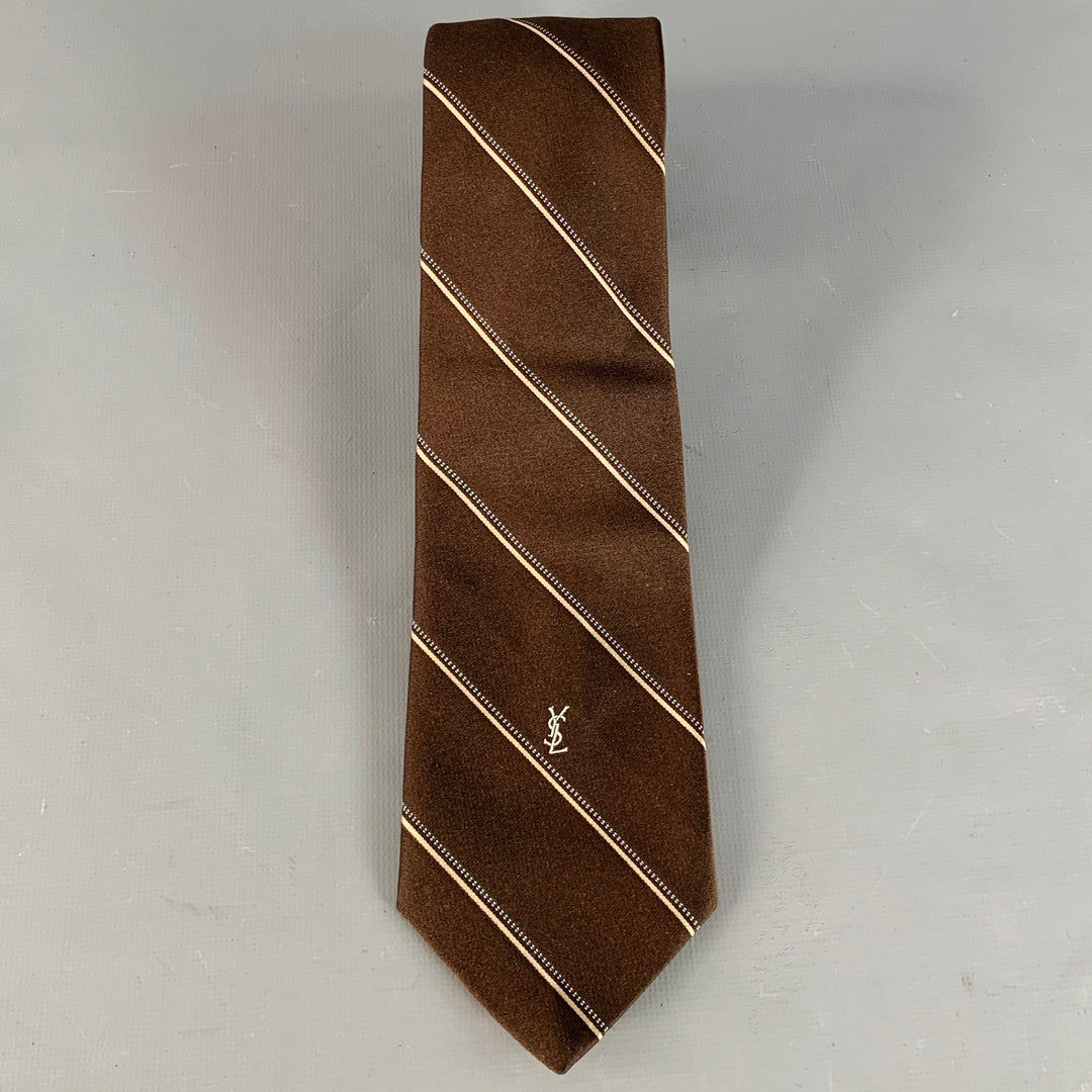 YVES SAINT LAURENT Vintage Brown Tan Diagonal Stripe Silk Skinny Tie