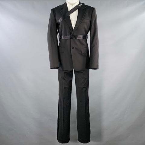 HELMUT LANG Size 40 Black Virgin Wool Notch Lapel Seatbelt Suit