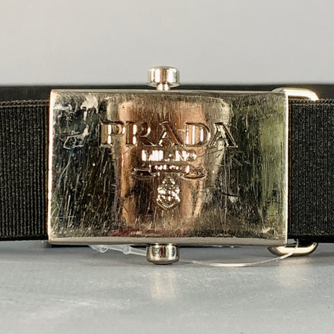 PRADA Size 38 Black Silver Logo Canvas Box Buckle Belt