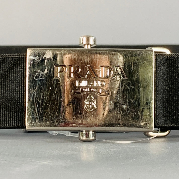 PRADA Size 38 Black Silver Logo Canvas Box Buckle Belt