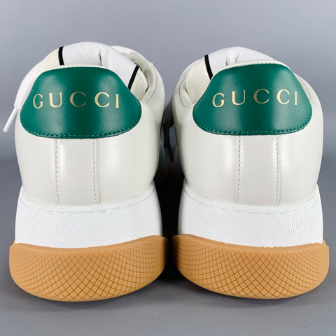 GUCCI Size 9.5 Screener White Red Green Perforated Leather Rubber Sole Sneakers