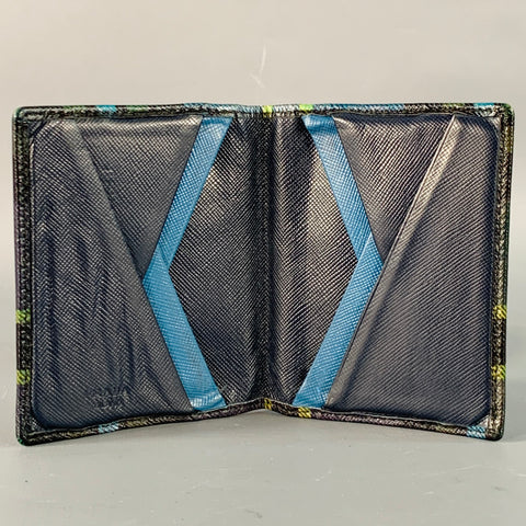 PRADA Green Blue Yellow Plaid Saffiano Leather Card Case Wallet