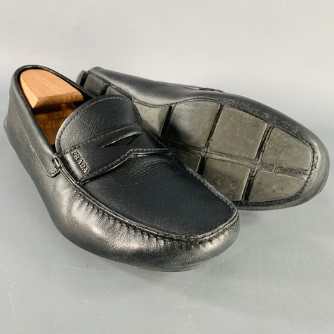 PRADA Size 10.5 Black Saffiano Leather Drivers Penny Loafers