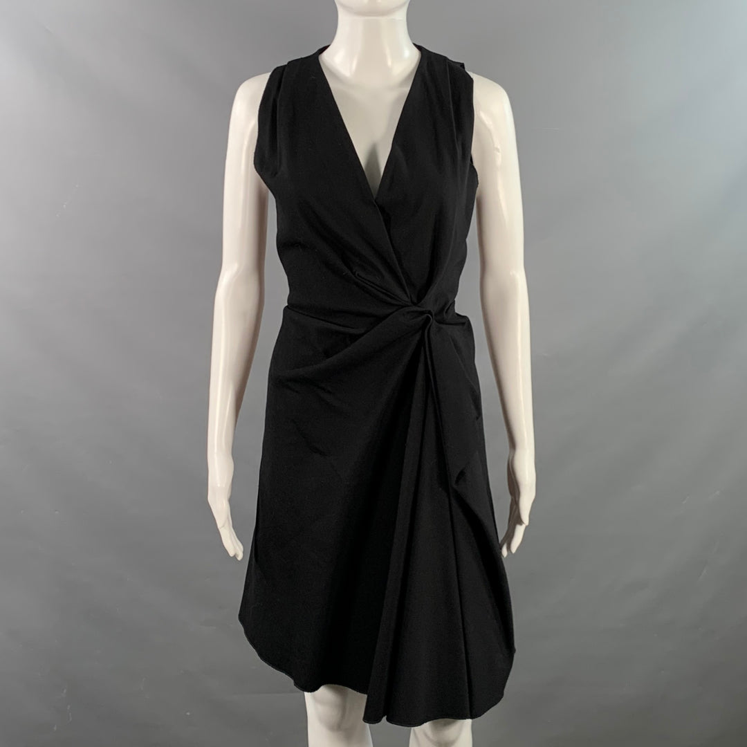 lanvin dress black LANVIN 2015 Size 8 Black Linen Blend Ruched Sleeveless V-Neck Dress