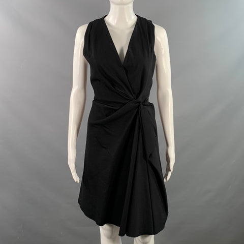 LANVIN 2015 Size 8 Black Linen Blend Ruched Sleeveless V-Neck Dress