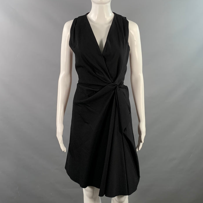 LANVIN 2015 Size 8 Black Linen Blend Ruched Sleeveless V-Neck Dress