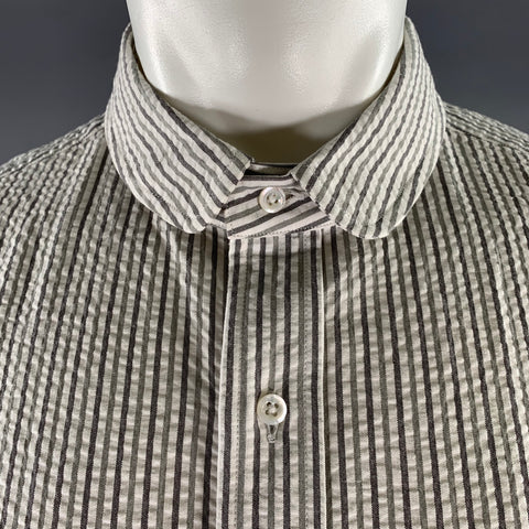 THOM BROWNE Size L White Grey Seersucker Stripe Cotton Club Collar Short Sleeve Shirt