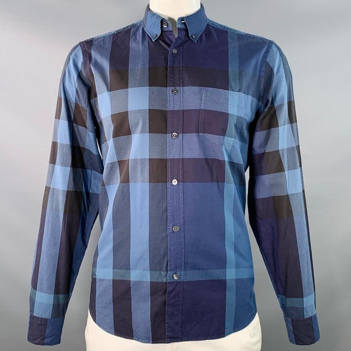 BURBERRY BRIT Size L Blue Navy Plaid Cotton One Pocket Long Sleeve Shirt