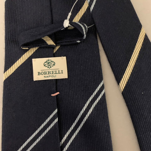 BORRELLI Navy Blue Cream Stripe Silk  Cashmere Tie