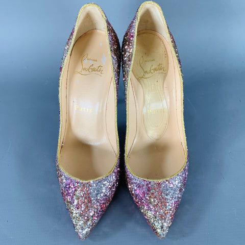 CHRISTIAN LOUBOUTIN Size 4.5 Silver Pink Glitter Stiletto Pumps