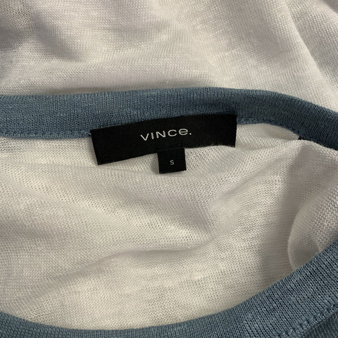 VINCE Size S White Blue Linen Crew Neck Baseball Tee Pullover
