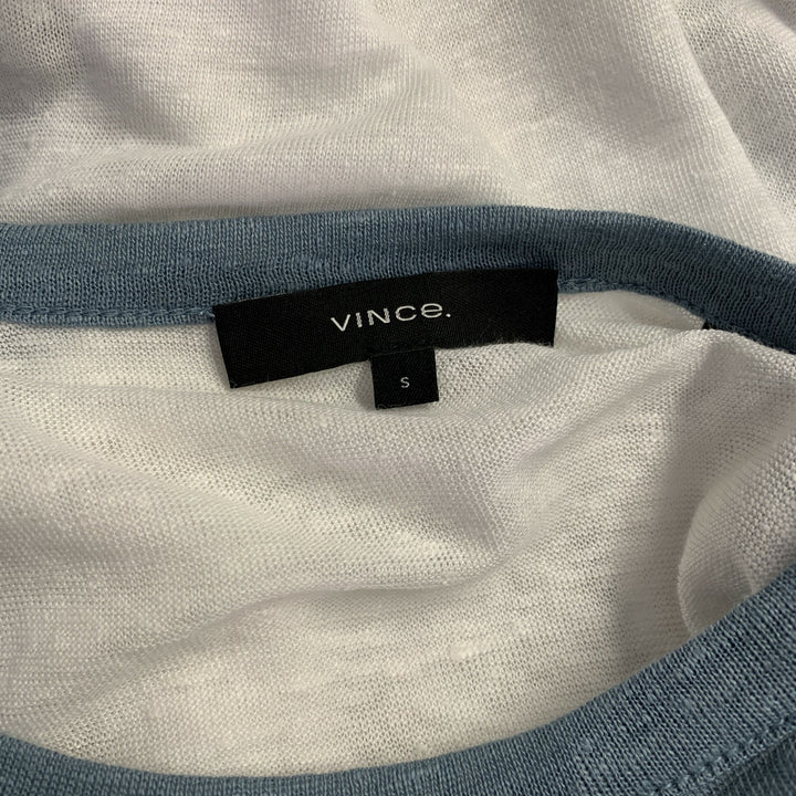 VINCE Size S White Blue Linen Crew Neck Baseball Tee Pullover