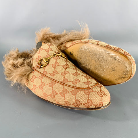 GUCCI Size 11.5 Guccissima Beige Rust Monogram Canvas Slip-On Loafers