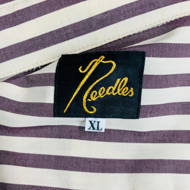 NEEDLES Size XL Brown Cream Stripe Cotton Long Placket Long Sleeve Shirt