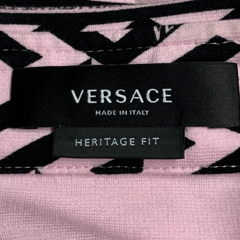 VERSACE Size 48 Pink Black Greca Viscose Point Collar Heritage Fit Long Sleeve Shirt