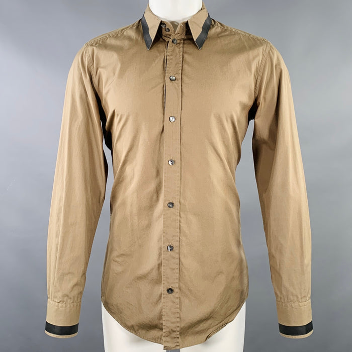 DOLCE & GABBANA Size M Tan Black Cotton Contrast Trim Long Sleeve Shirt
