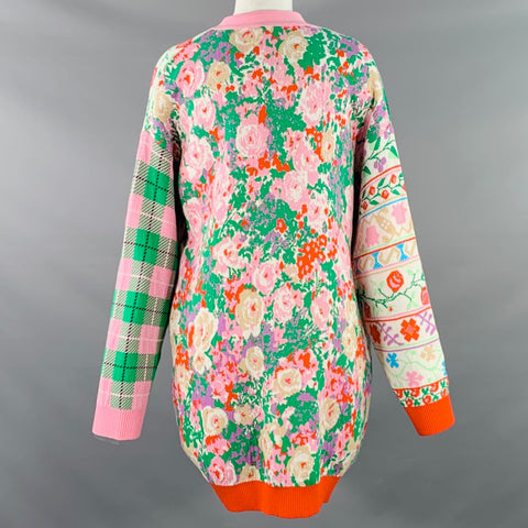 MSGM Size M Pink Multi Color Viscose Blend Floral Plaid Oversized Mixed Patterns Cardigan