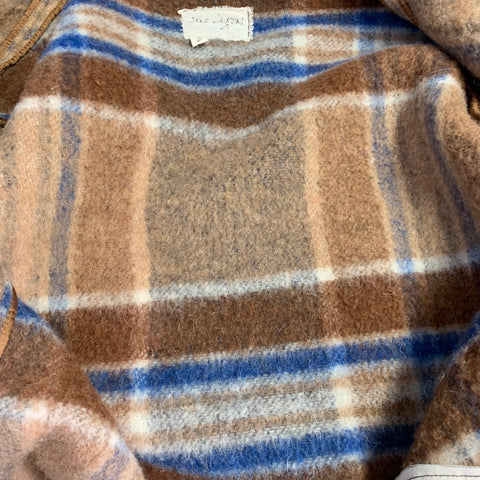 GREG LAUREN Size M Brown Blue Plaid Wool Cotton Shawl Collar Jacket