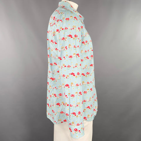 WALTER VAN BEIRENDONCK Size XL Blue Red Cotton Mushrooms One Pocket Long Sleeve Shirt