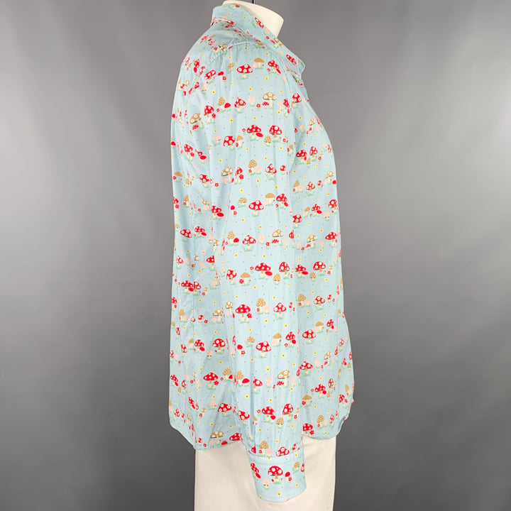 WALTER VAN BEIRENDONCK Size XL Blue Red Cotton Mushrooms One Pocket Long Sleeve Shirt