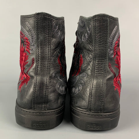 GUCCI by TOM FORD SS 2001 Size 12 Black Red Dragon Print Leather High Top Sneakers