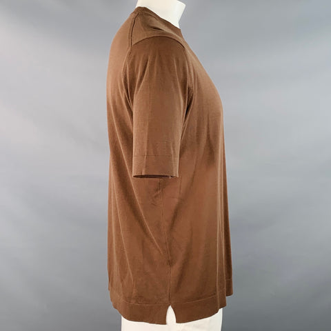 DE PETRILLO Size L Brown Jersey Cotton Short Sleeve Pullover