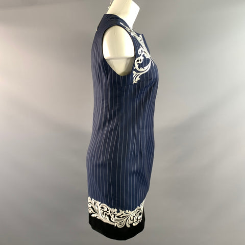 VERSACE SS2013 Size 4 Blue White Viscose & Cupra Pinstripe Notch Lapel Dress & Blazer Set