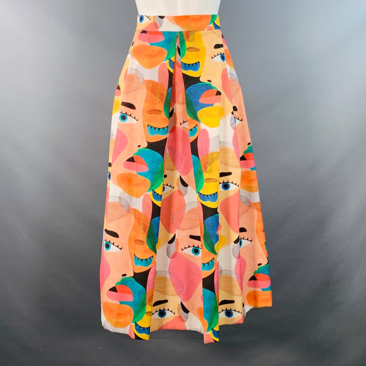 LABORATORIO Size 8 Multi Color Cotton Abstract Figures Pleated Maxi Skirt