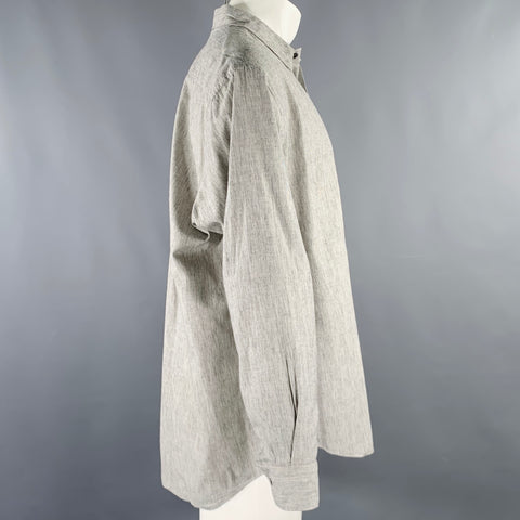 FUJITO Size M Grey White Stripe Cotton Linen One Pocket Long Sleeve Shirt
