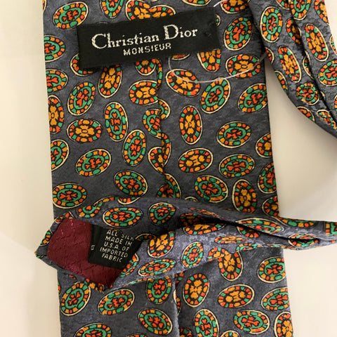 CHRISTIAN DIOR Grey Multi-Color Geometric Silk Tie