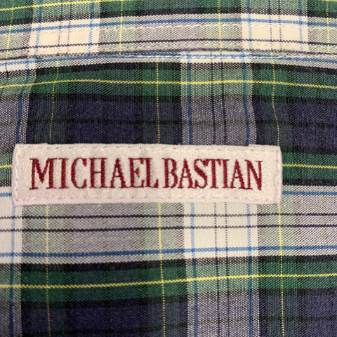 MICHAEL BASTIAN Size S Navy White Green Plaid Cotton Roll Tab Long Sleeve Shirt