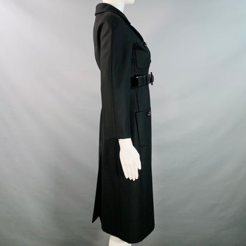 CHANEL Vintage AW07 Size 4 Black Wool Patent Leather 3/4 Sleeves Belted Coat