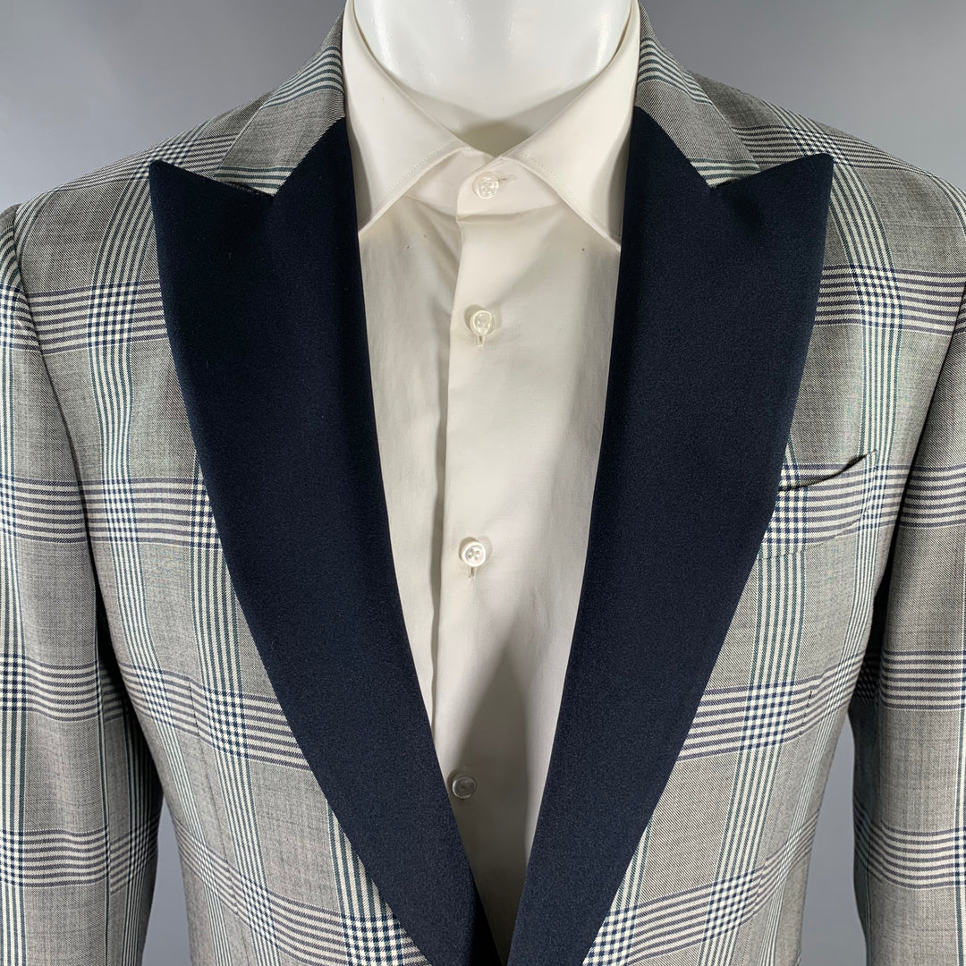 PORTS 1961Size 40 Grey Navy Plaid Wool Peak Lapel Sport Coat