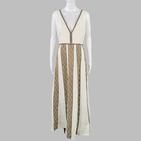 EMPORIO SIRENUSE Size 4 Paestum Cream Brown Linen Woven Sleeveless Long Dress