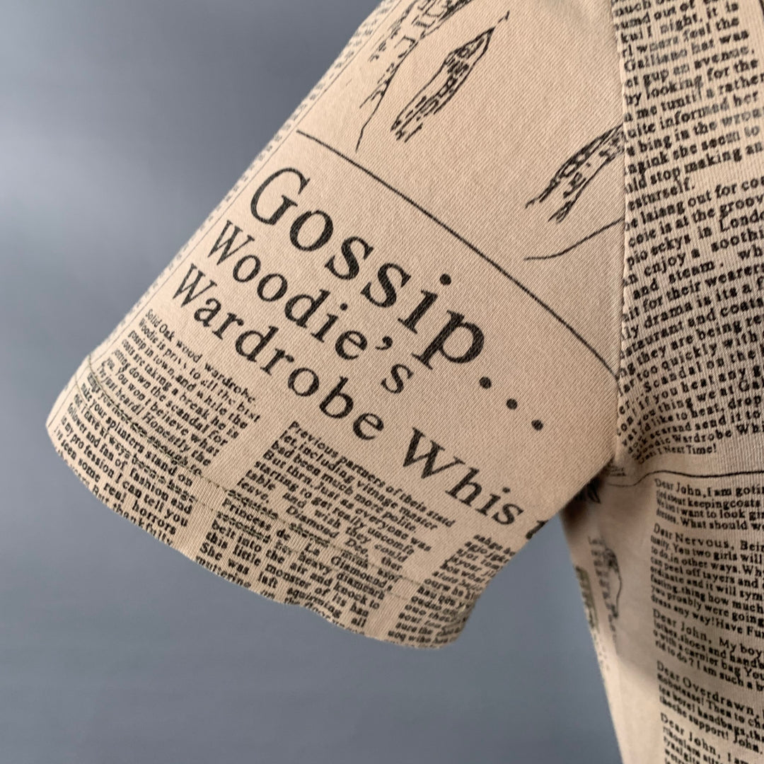 JOHN GALLIANO Size M Khaki Black Newspaper Cotton Blend Jersey Hooded Short Sleeve Shirt