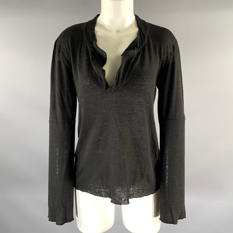 KRISTENSEN DU NORD Size 2 Black Linen Buttonless Henley Pullover