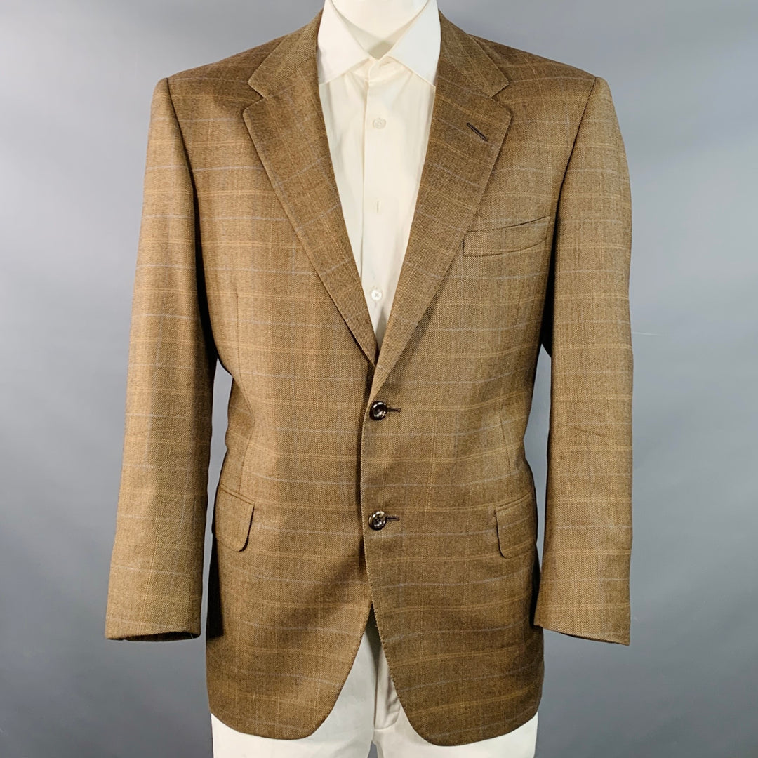 OXXFORD CLOTHES Size 44 Regular Brown Blue Plaid Wool Tweed Notch Lapel Sport Coat