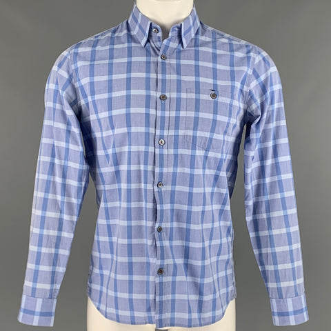 TED BAKER Size S Blue Light Blue Plaid Cotton One Pocket Long Sleeve Shirt