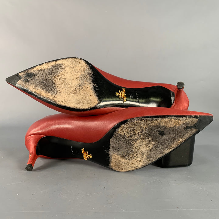 PRADA Size 8 Red Leather Kitten Heel Pointed Toe Pumps