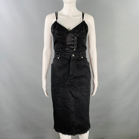 CHRISTIAN DADA Size 4 Black Cotton Blend Deconstructed Denim Raw Edge Midi Dress