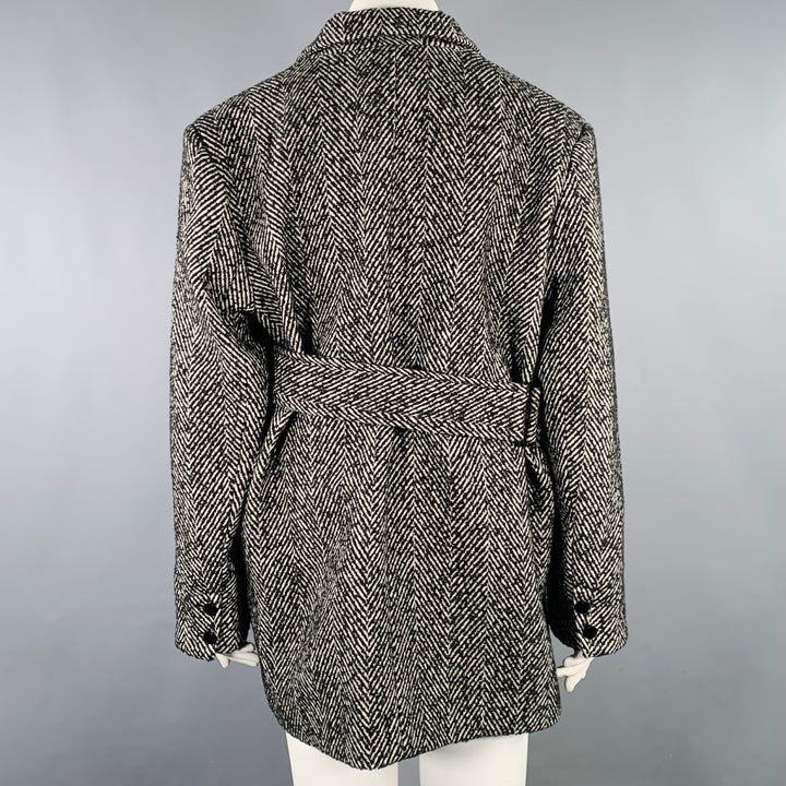 GANNI Size XL Grey Wool Blend Tweed Belted Coat