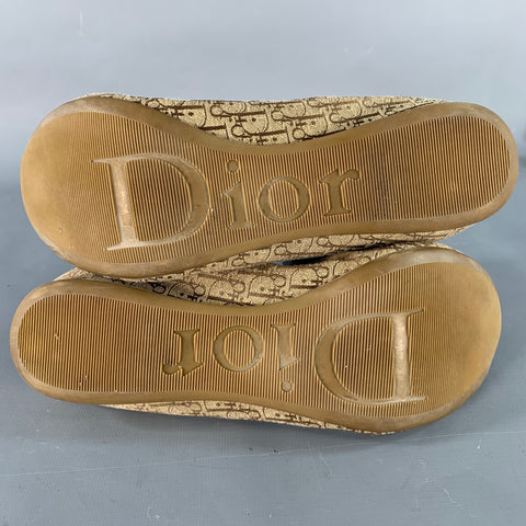 CHRISTIAN DIOR Size 9.5 Tan Brown Canvas Oblique Monogram Slip On Bow Flats