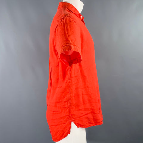 BARENA Size M Red Coral Linen Long Placket Short Sleeve Shirt