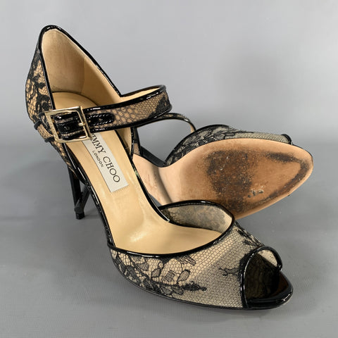JIMMY CHOO Size 9 Black Cream Lace 144Lace Stiletto Pumps