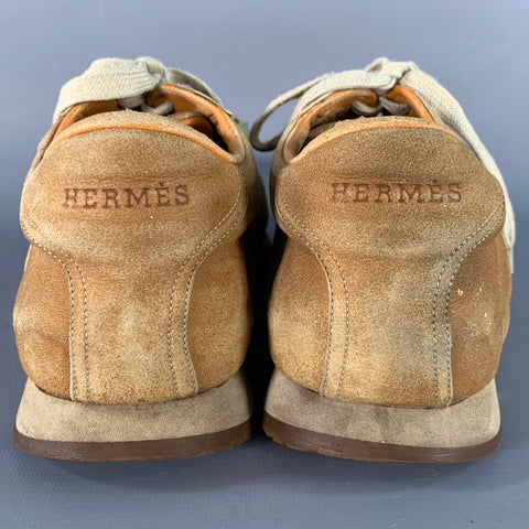 HERMES Size 10.5 Tan Nubuck Monogram Low Top Sneakers