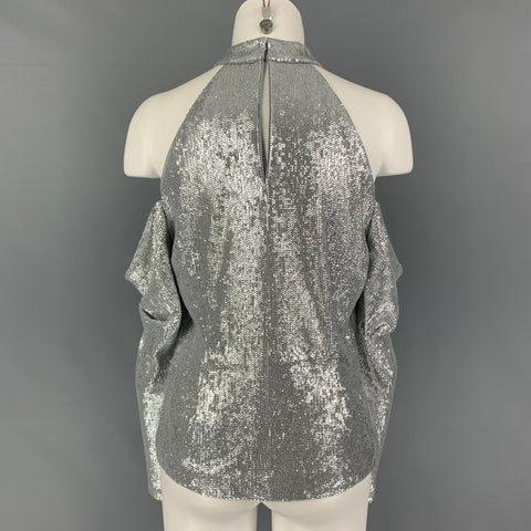 RACHEL ZOE Top de vestido con hombros descubiertos y lentejuelas de rayón plateado talla 8