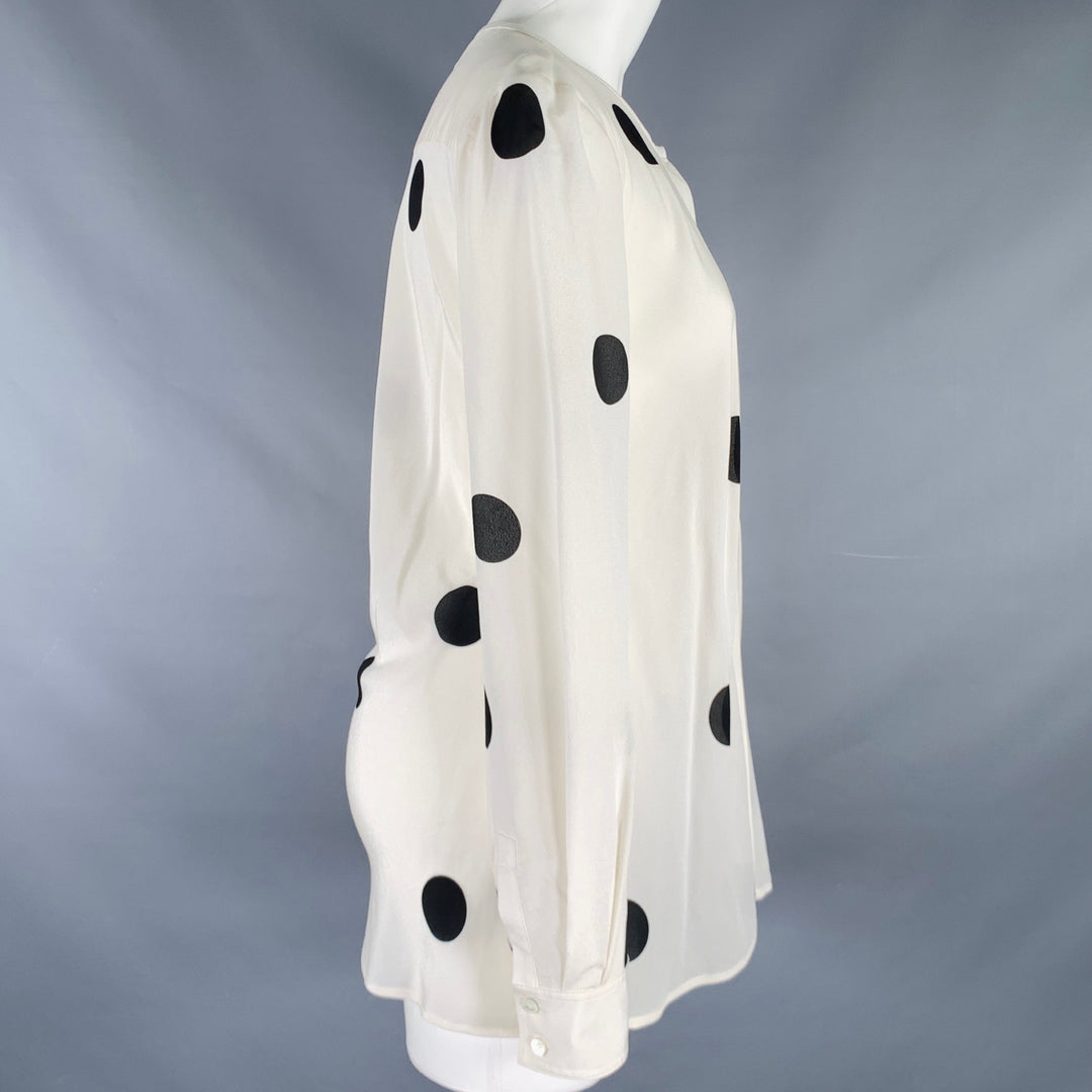DEREK LAM Size 6 White Black Silk Polka Dot Collarless Blouse